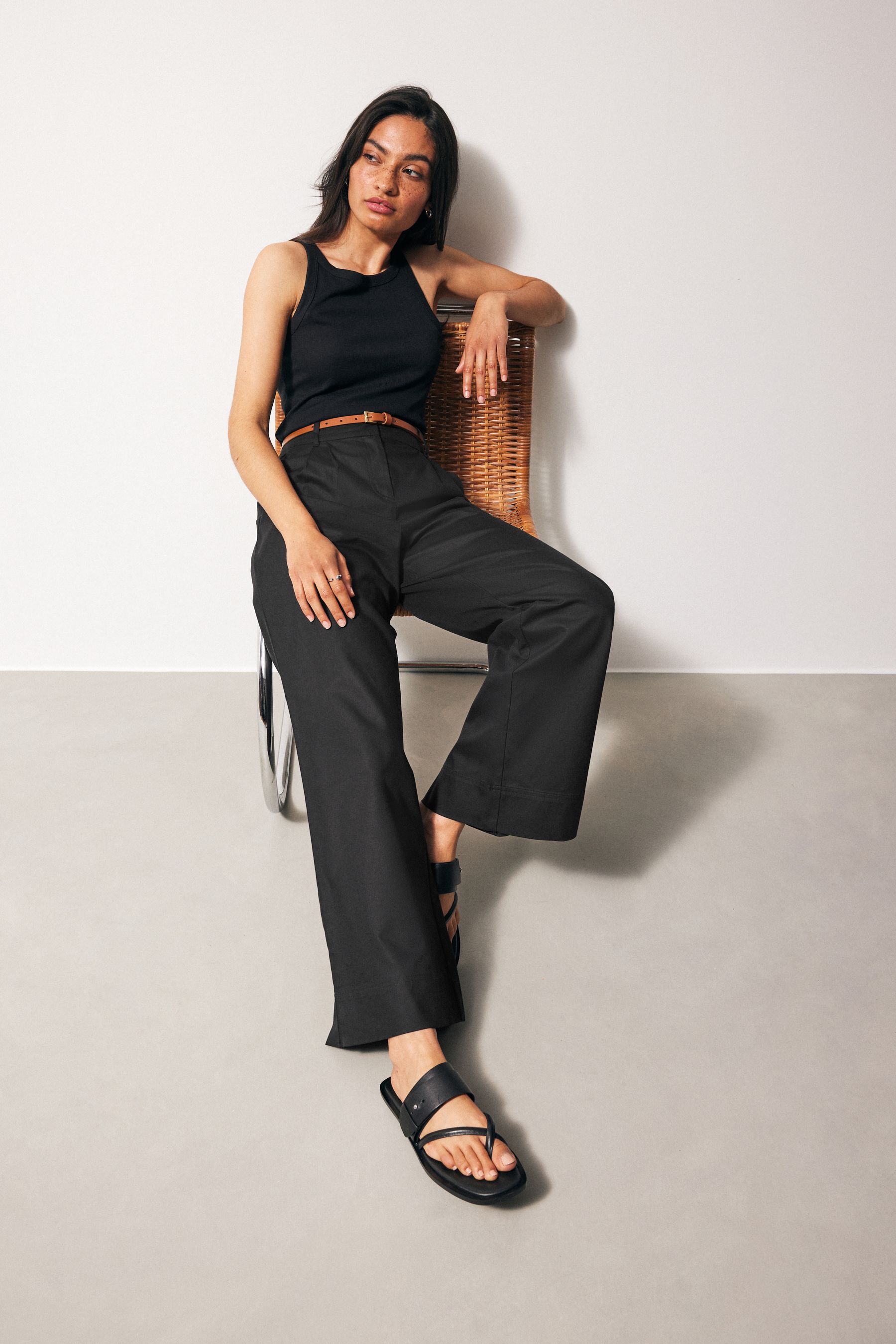 Buy Black Cotton Mix Smart Wide Leg Trousers from Next France