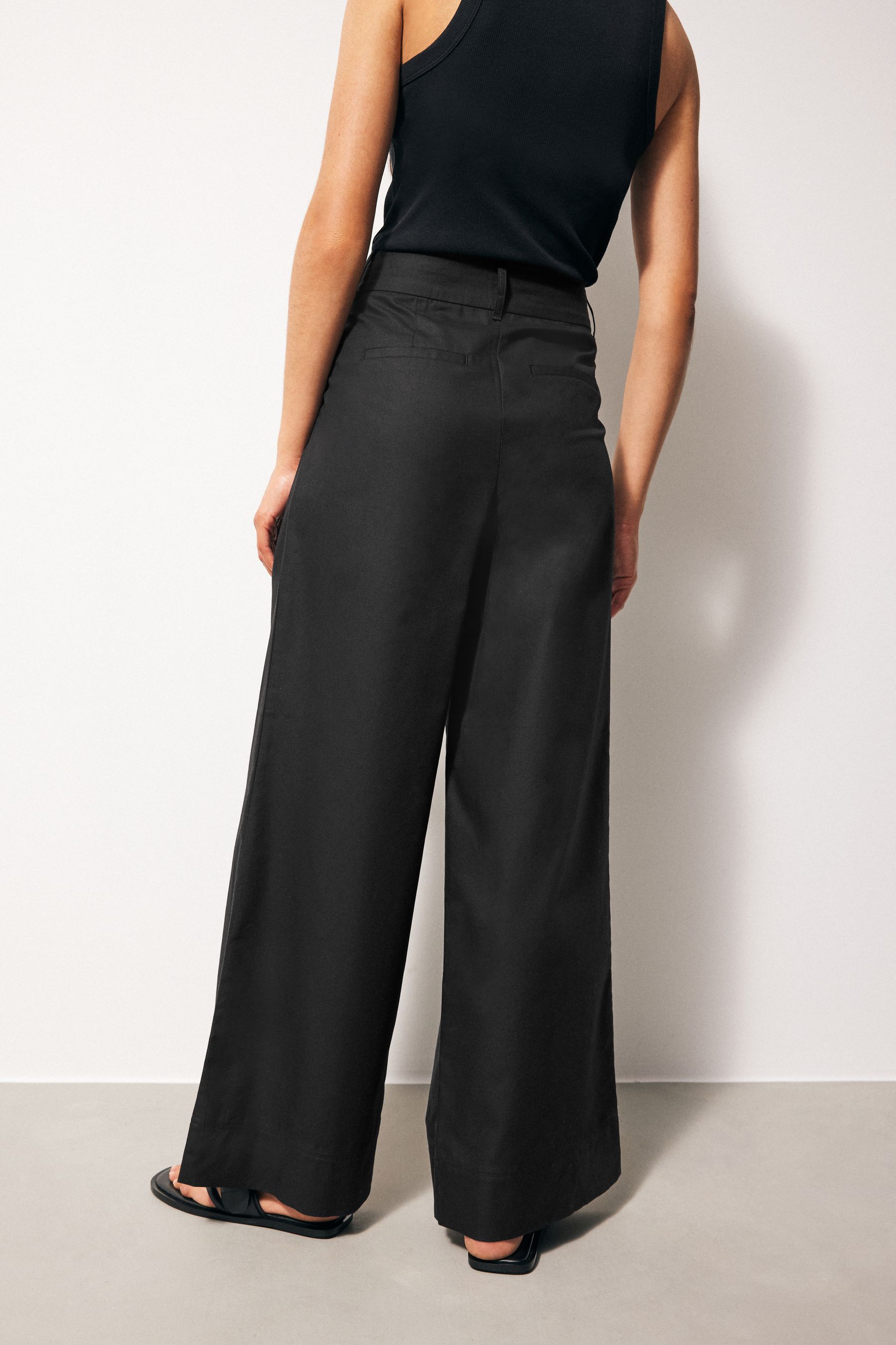 Black Cotton Mix Smart Wide Leg Trousers