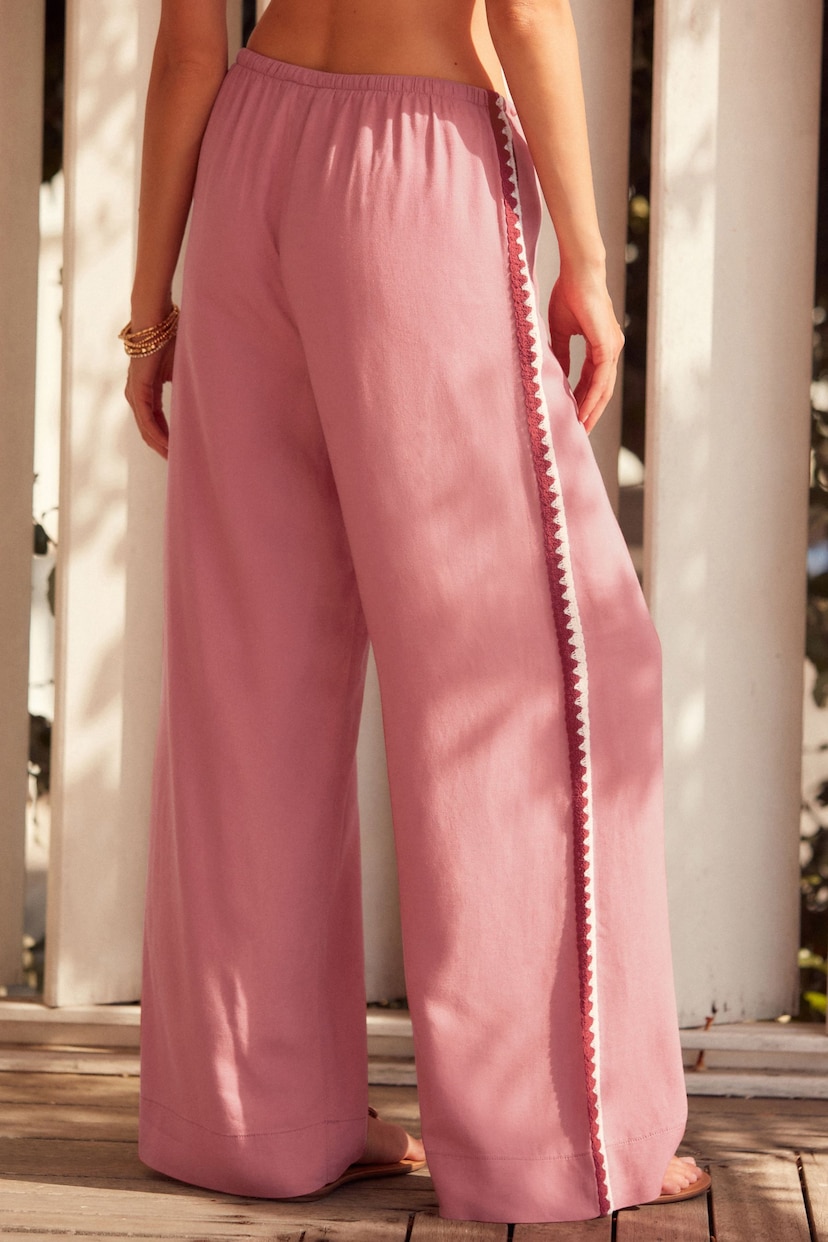 Pink Crochet Tie Waist Wide Leg Trousers with Linen - Image 3 of 4