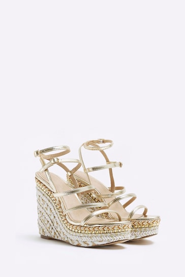 River Island Gold Gold Strappy Wedge Sandals