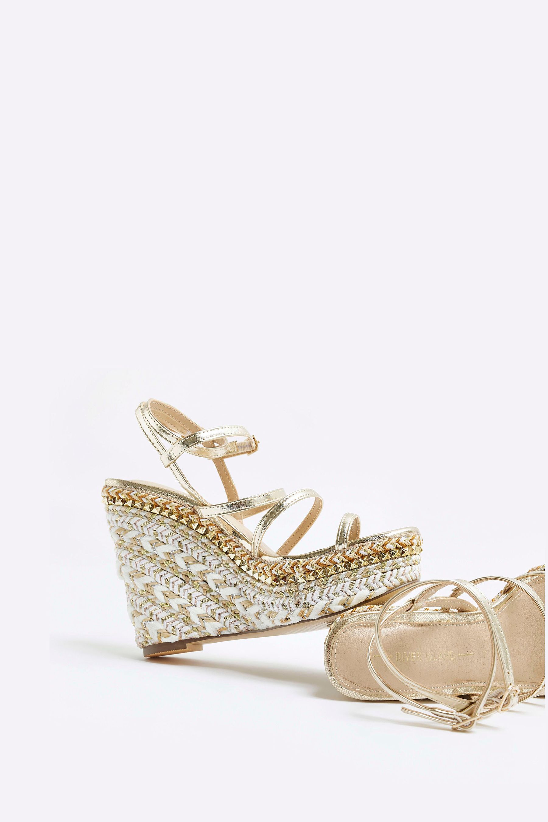River Island Gold Gold Strappy Wedge Sandals