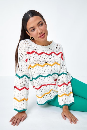 Roman White Cotton Blend Stripe Print Crochet Jumper