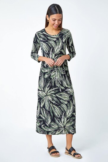 Roman Green Textured Floral Print Midi Stretch Dress