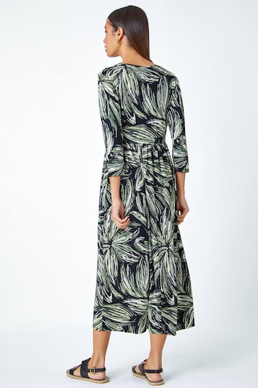 Roman Green Textured Floral Print Midi Stretch Dress