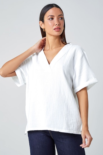 Roman White Textured Cotton Relaxed T-Shirt