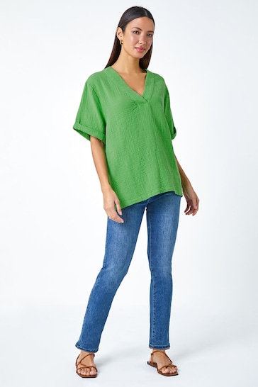 Roman Green Textured Cotton Relaxed T-Shirt