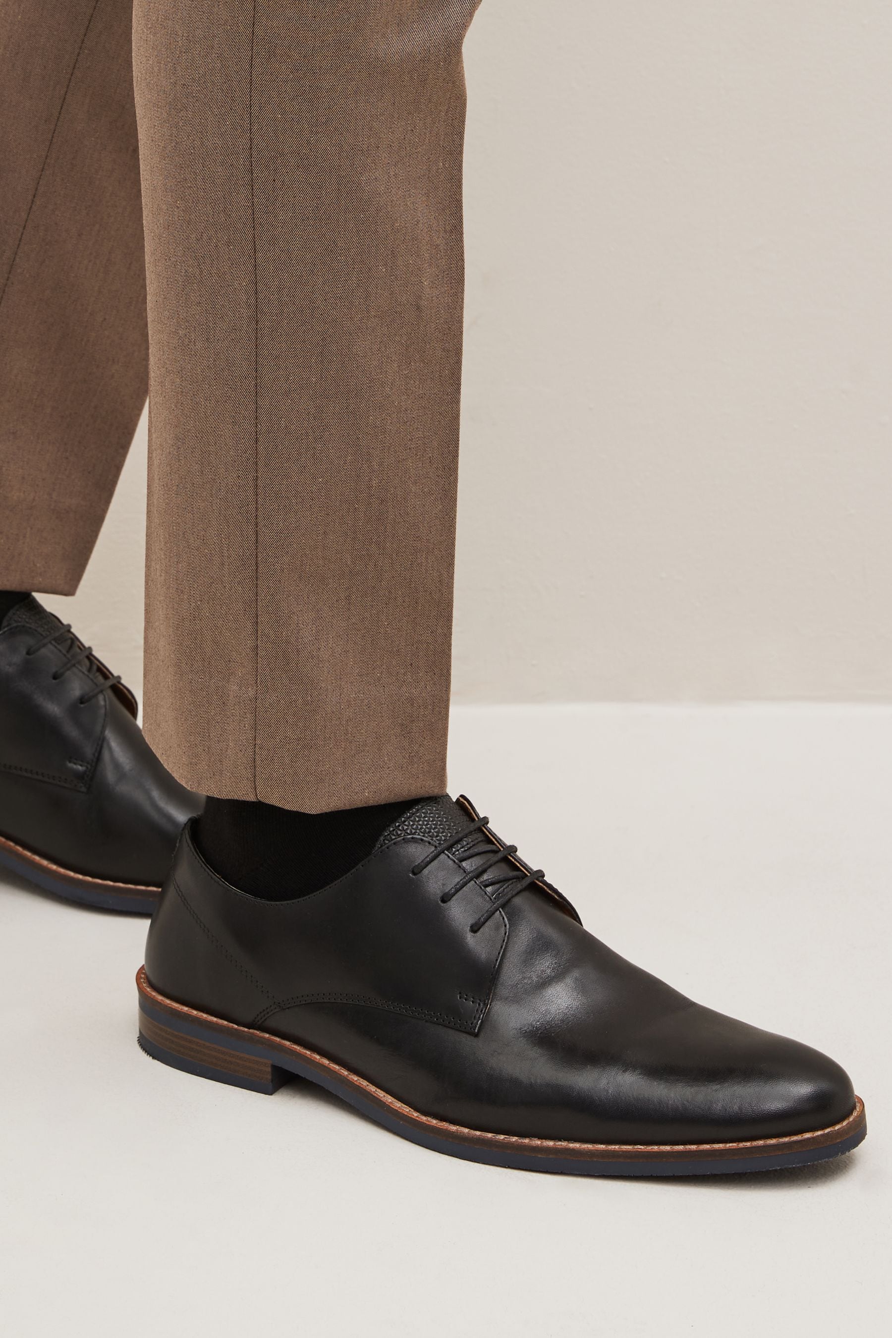 Buy Black Standard Fit Leather Derby Shoes with Navy Contrast Sole from the Next UK online shop