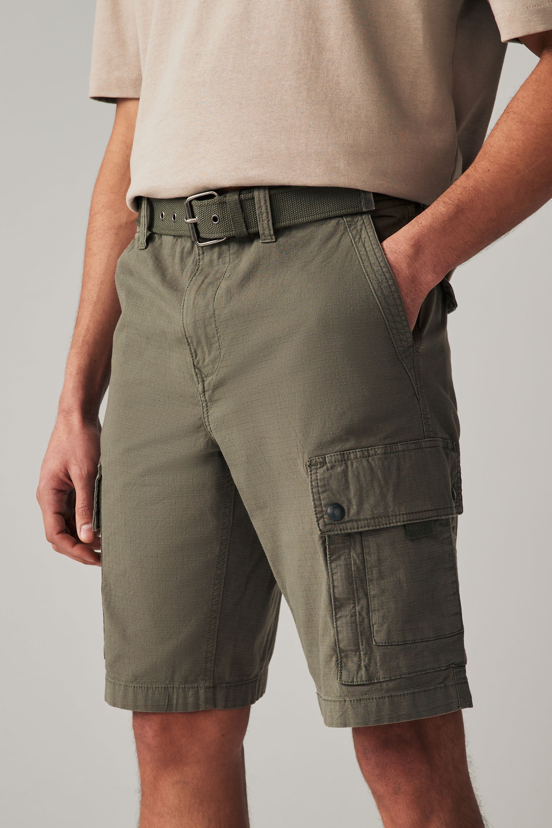 Khaki Green Belted Cargo Shorts