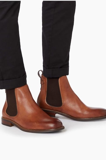 Dune London Tan Brown Leather Character Chelsea Boots
