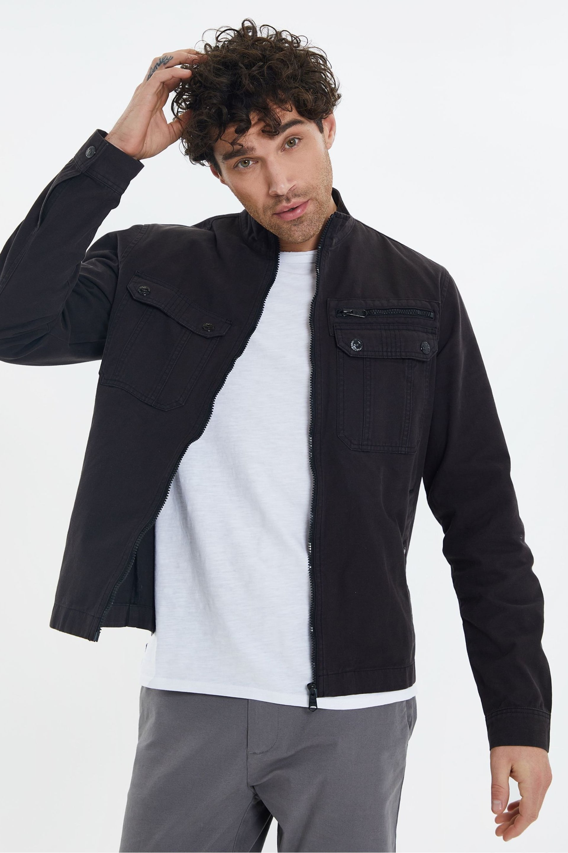 Threadbare Black Cotton Funnel Neck Lightweight Shacket - Image 1 of 4