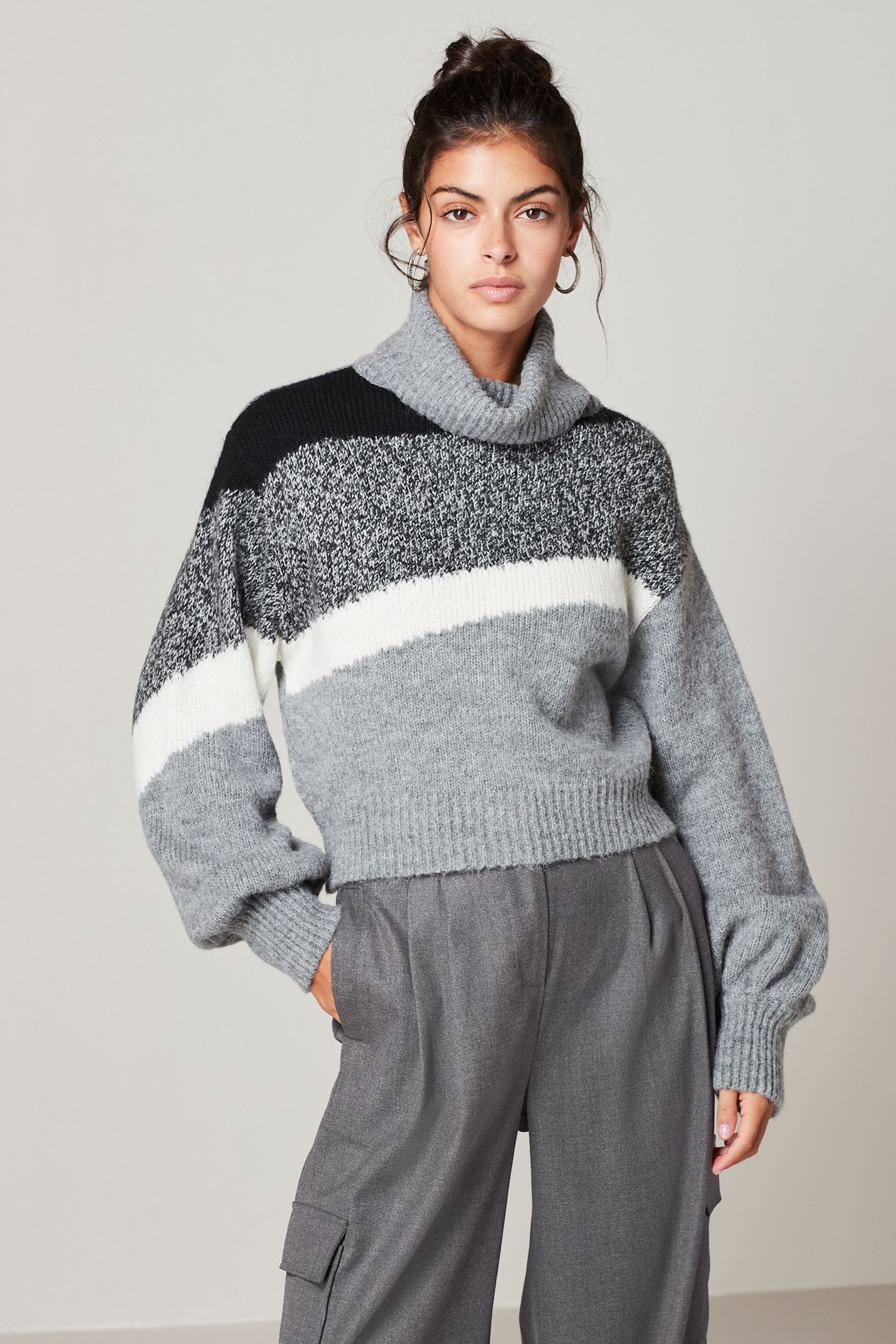 Buy Grey Cropped Roll Neck Long Sleeve Colourblock Stripe Jumper from Next Ireland
