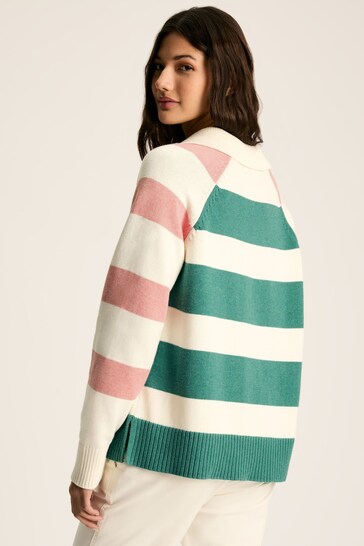 Joules Marion Pink & Green Striped V-Neck Jumper With Collar