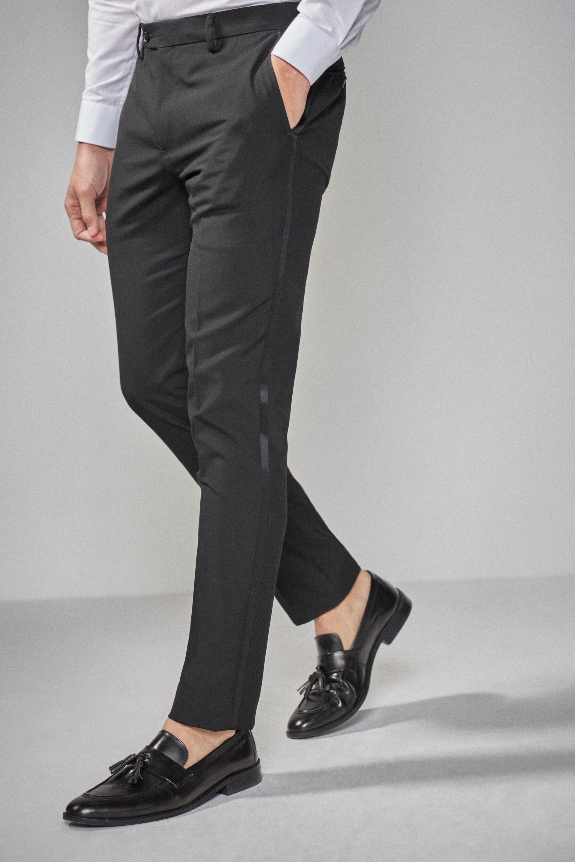 Dark Black Skinny Fit Tuxedo Suit Trousers with Tape Detail - Image 1 of 7