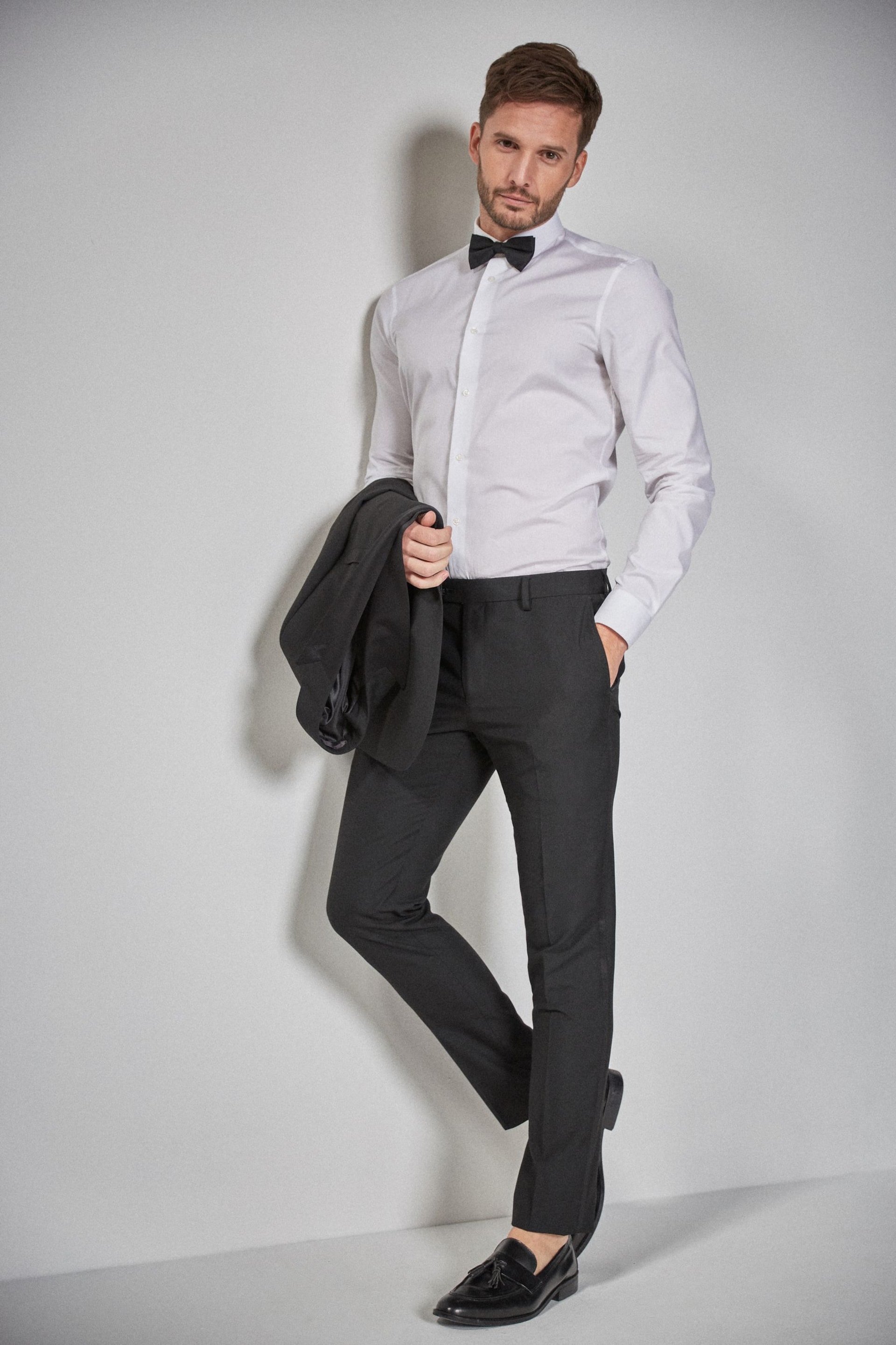 Dark Black Skinny Fit Tuxedo Suit Trousers with Tape Detail - Image 3 of 7