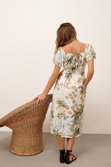 White Palm Tree Print Off Shoulder Summer Dress