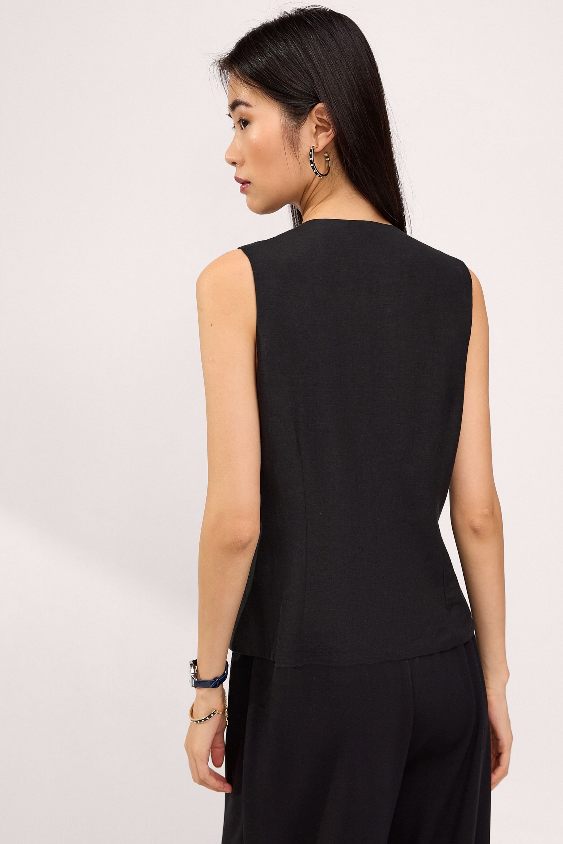 Black Linen Blend Tie Front Waistcoat - Image 3 of 6