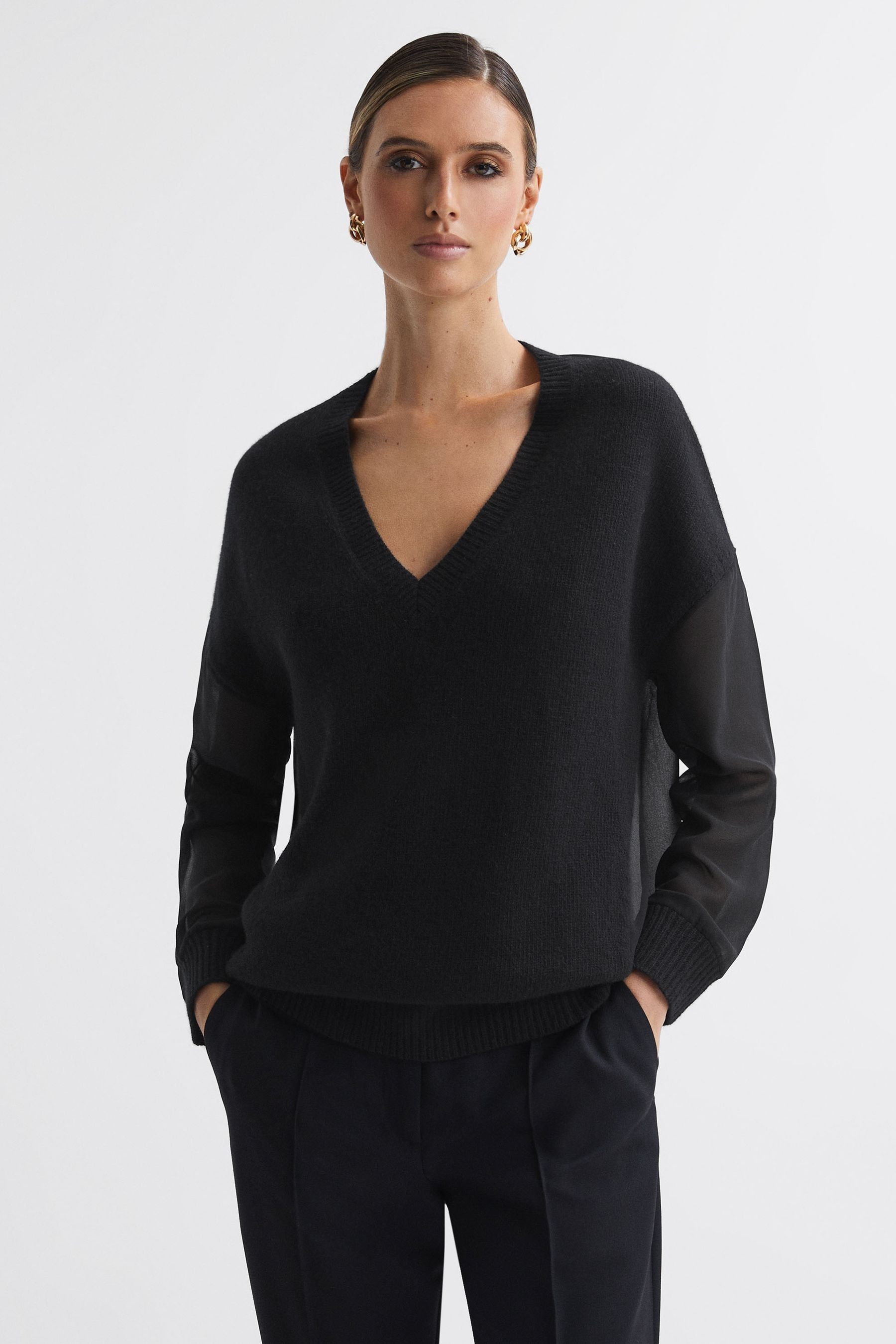 Reiss Black Hybrid Knit and Sheer V Neck Jumper XS