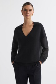 Reiss Black Shelly Hybrid Knit and Sheer V-Neck Jumper - Image 1 of 6