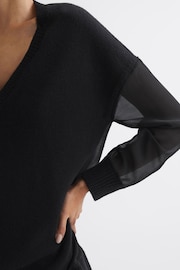 Reiss Black Shelly Hybrid Knit and Sheer V-Neck Jumper - Image 4 of 6