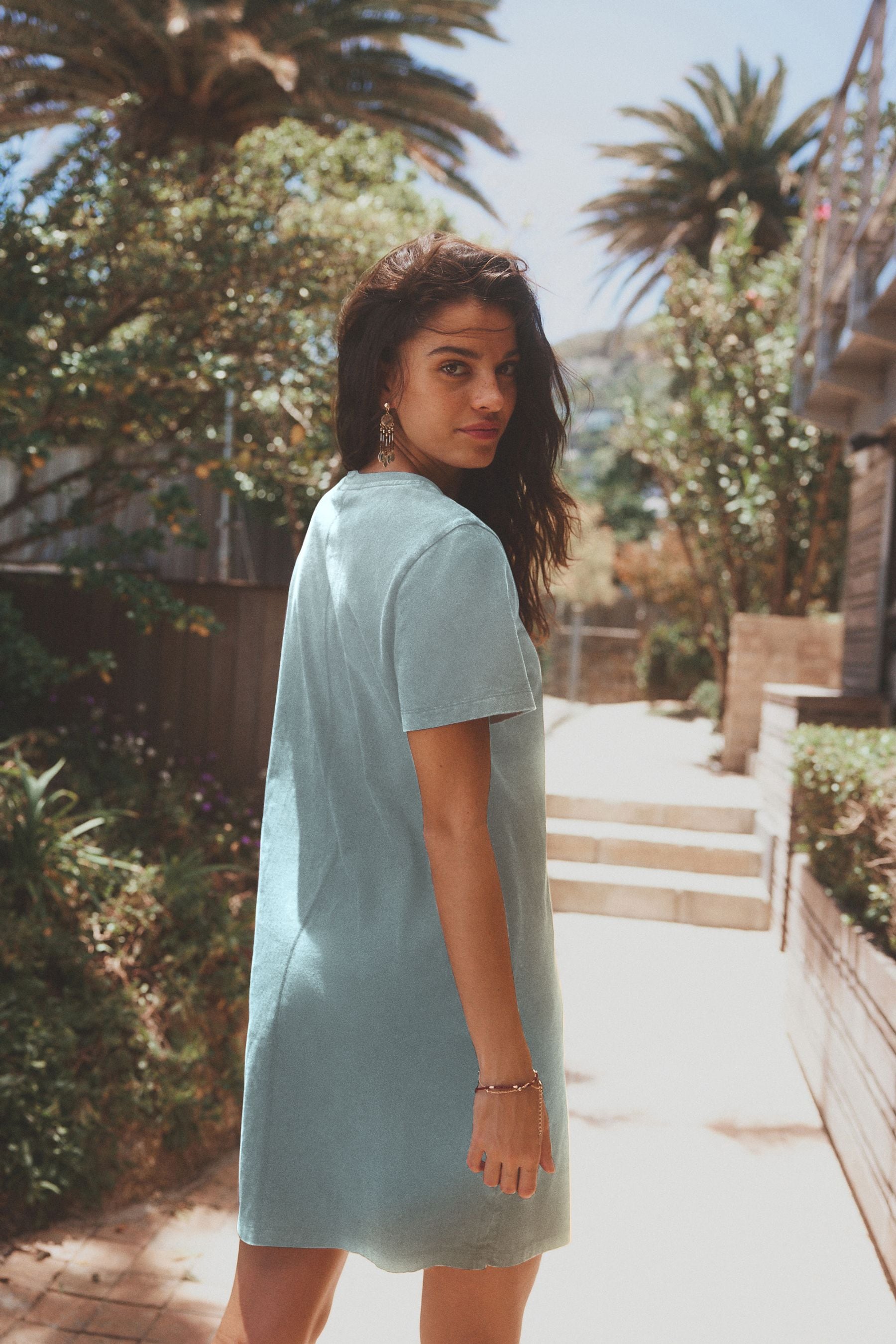 Blue 100 Cotton Crew Neck Short Sleeve T Shirt Dress