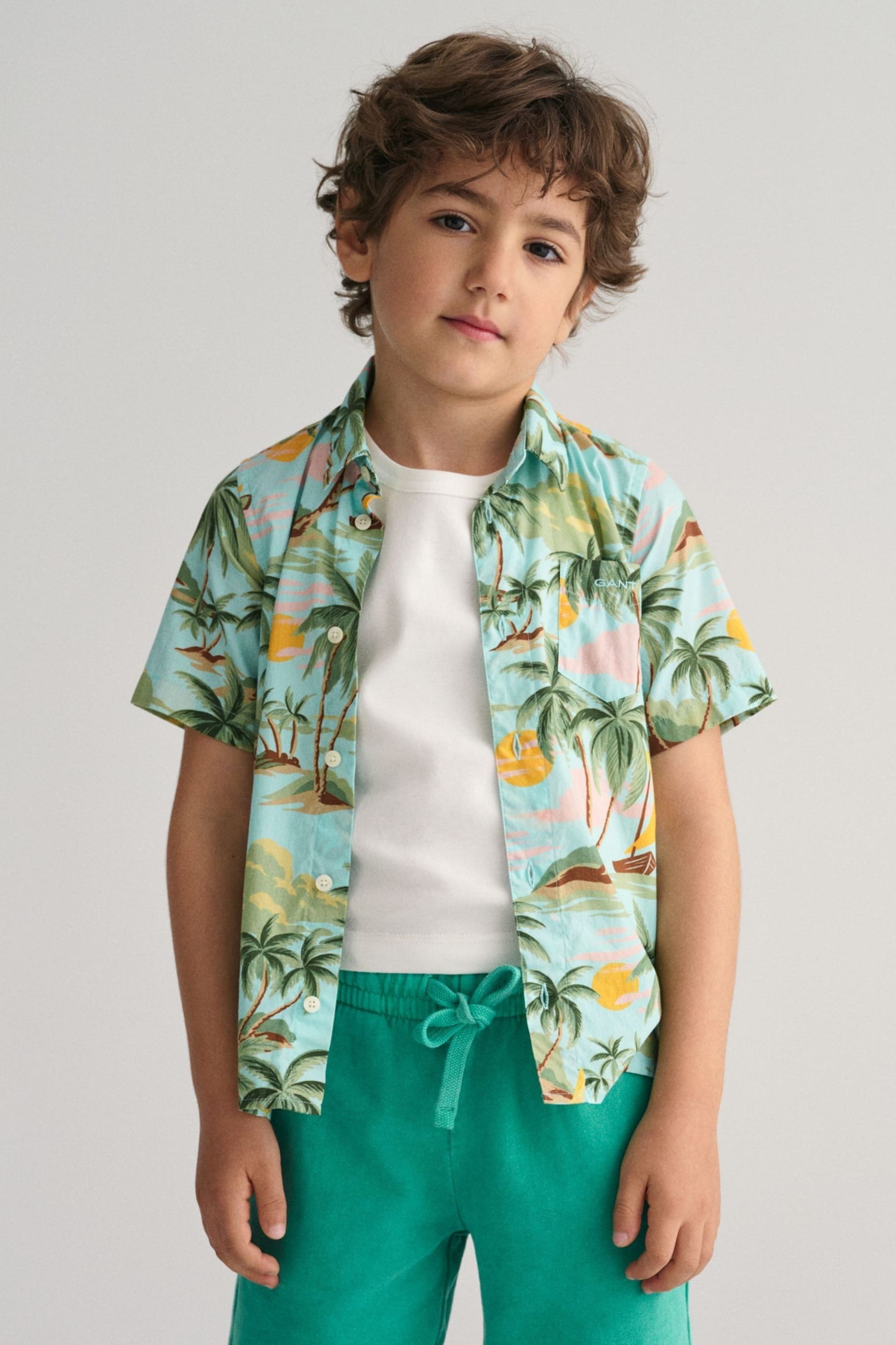 GANT Boys Green Palm Print Cotton Short Sleeve Shirt - Image 1 of 6