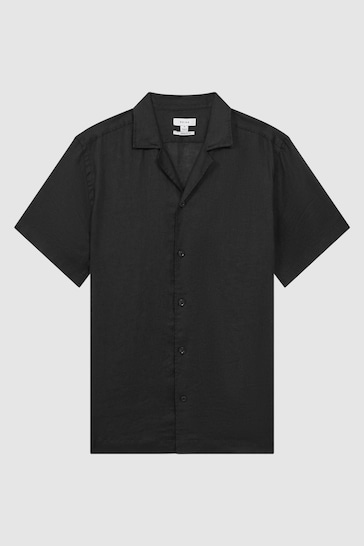 Reiss Black Rebel Slim Fit Linen Cuban Collar Shirt
