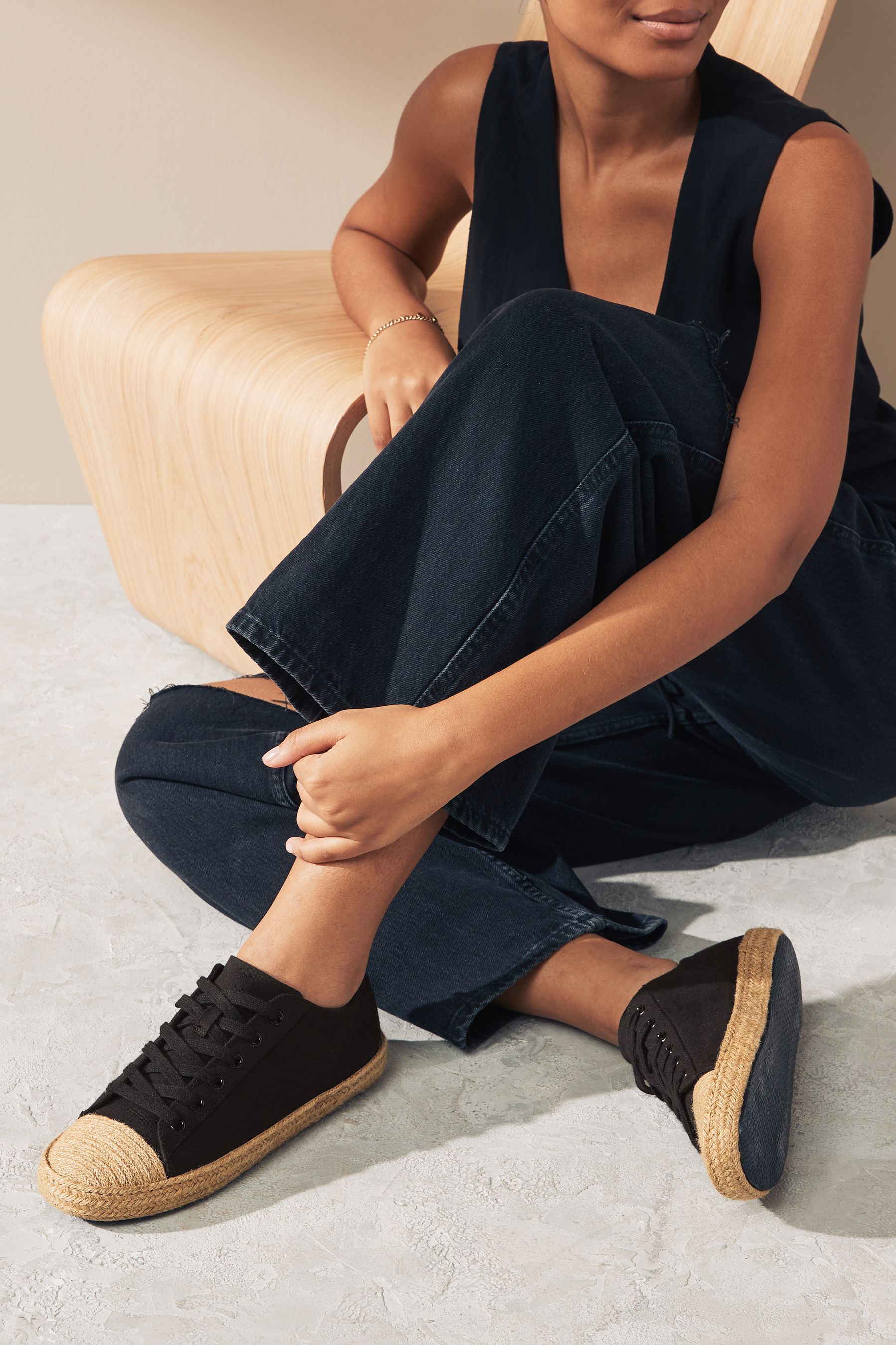 Buy Black Forever Comfort Espadrille Toe Cap Lace Up Trainers from Next Luxembourg