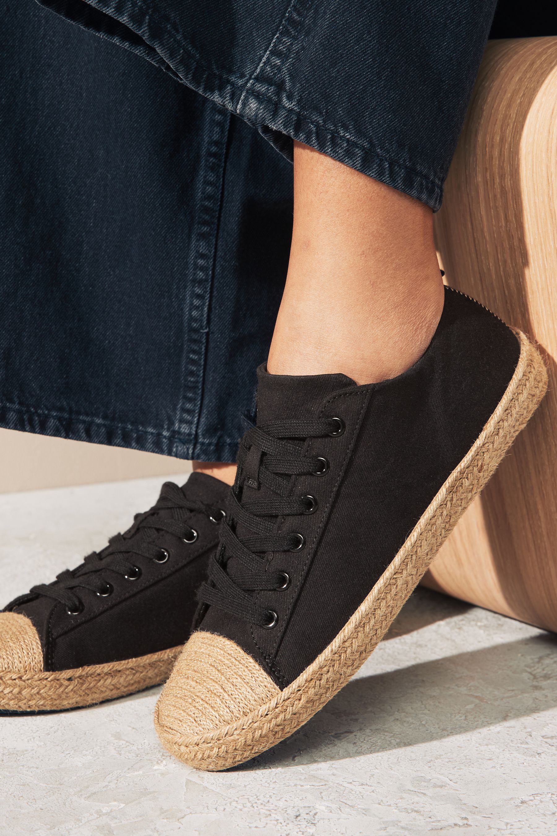 Buy Black Forever Comfort Espadrille Toe Cap Lace Up Trainers from Next Luxembourg