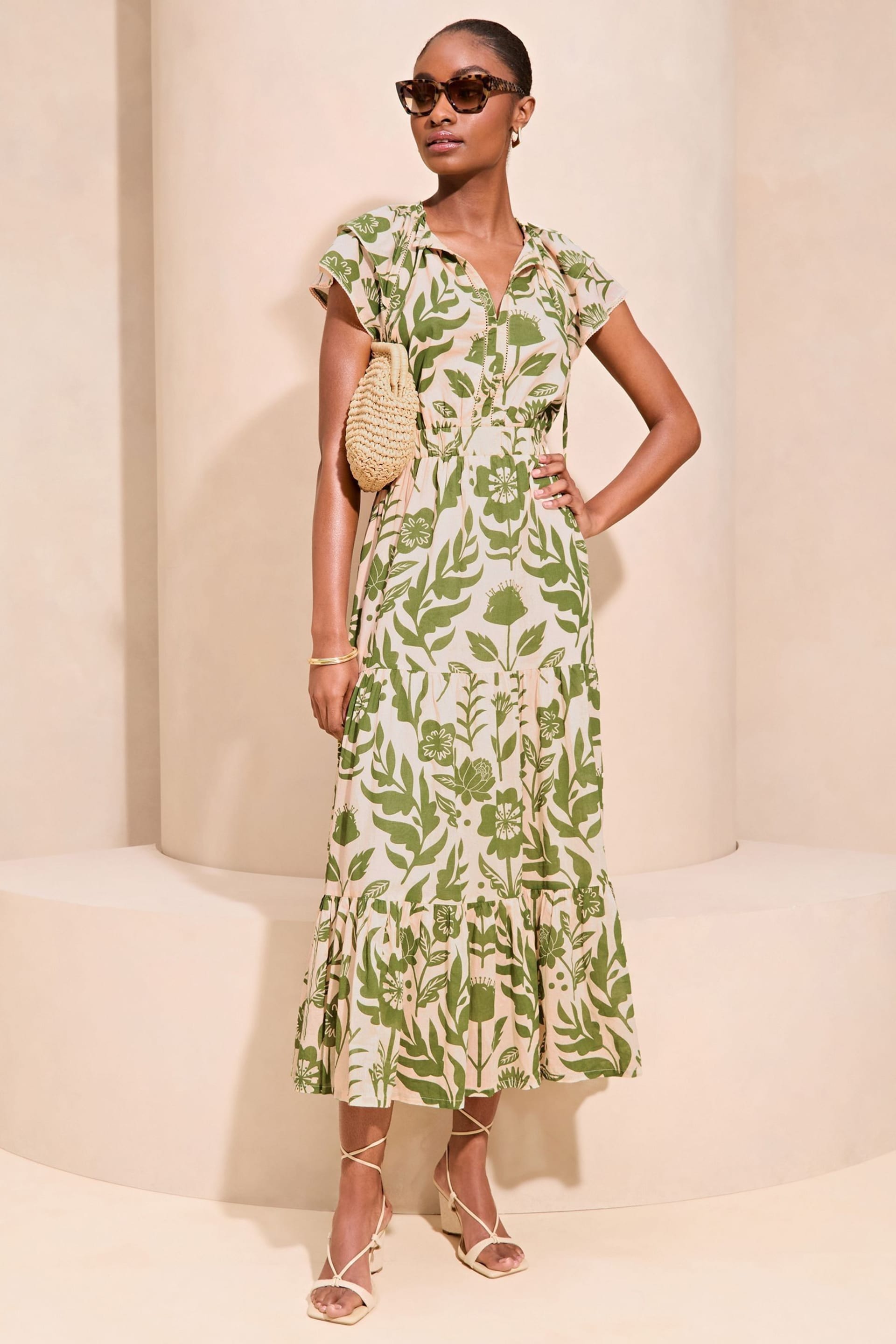 Lipsy Green Short Sleeve Tiered Printed Summer Midi Dress - Image 1 of 4