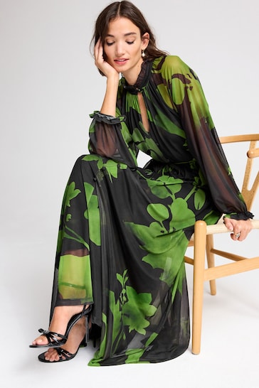 Black/Green Floral Long Sleeve Button Detail Mesh Maxi Dress