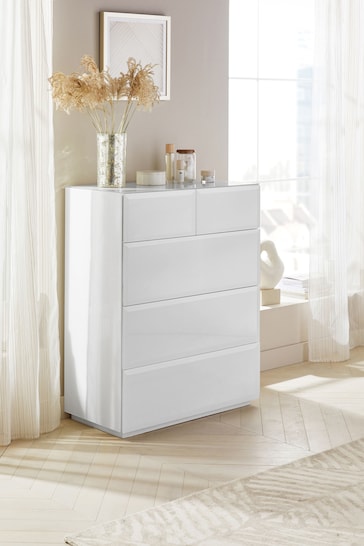 White Sloane Glass 5 Drawer Collection Luxe Chest of Drawers