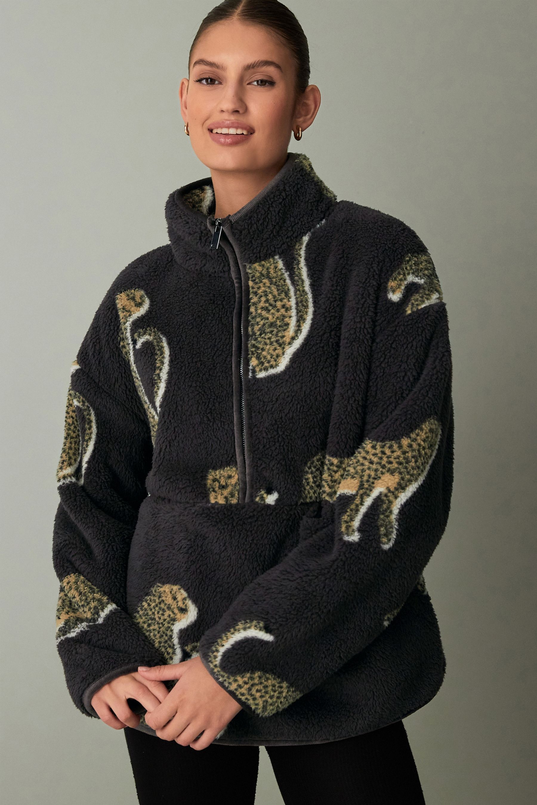 Buy Charcoal Grey Lion Borg Fleece Funnel Neck Half Zip Top from Next Luxembourg