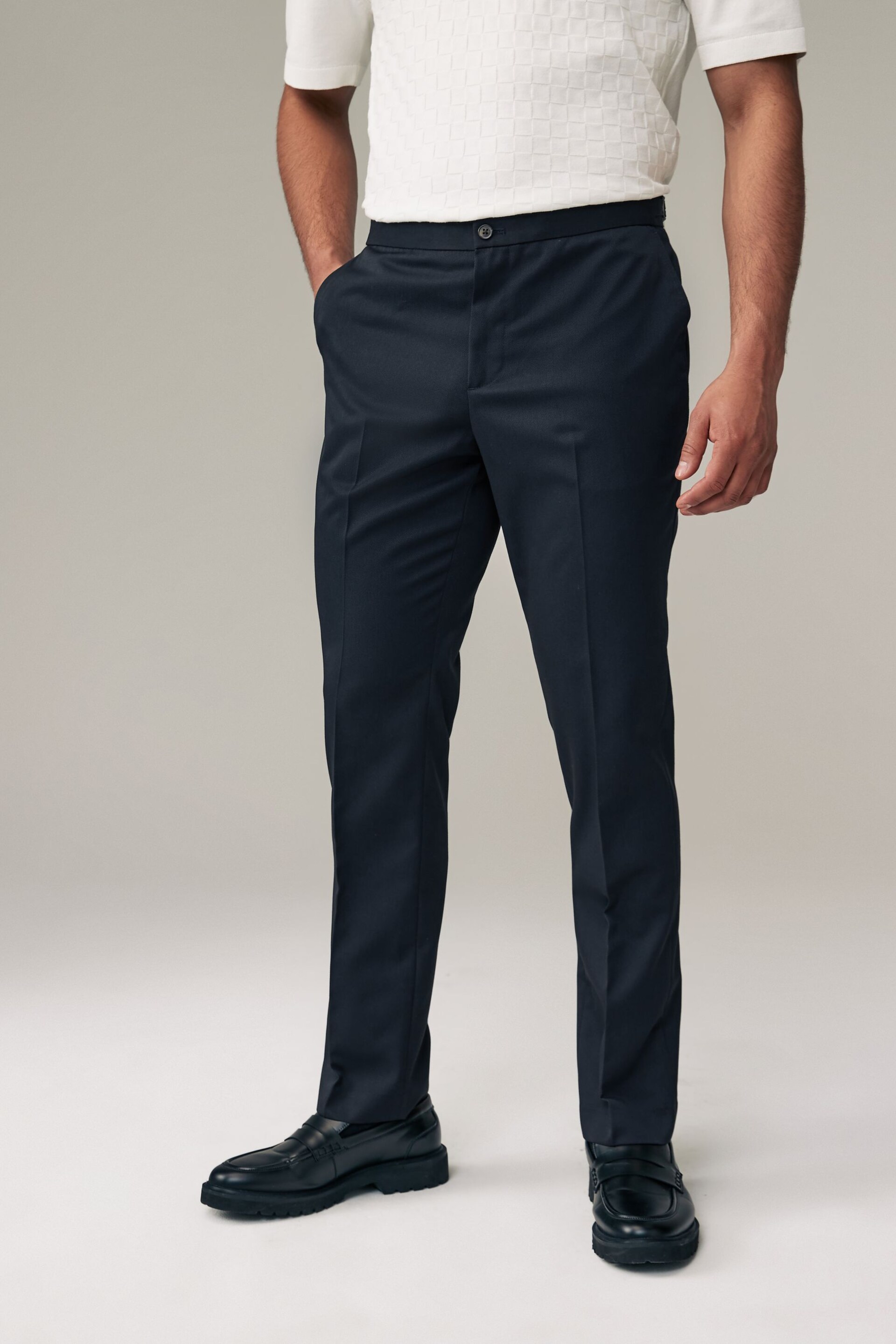 Navy Blue Slim Fit Smart Twill Side Adjuster Trousers - Image 1 of 9