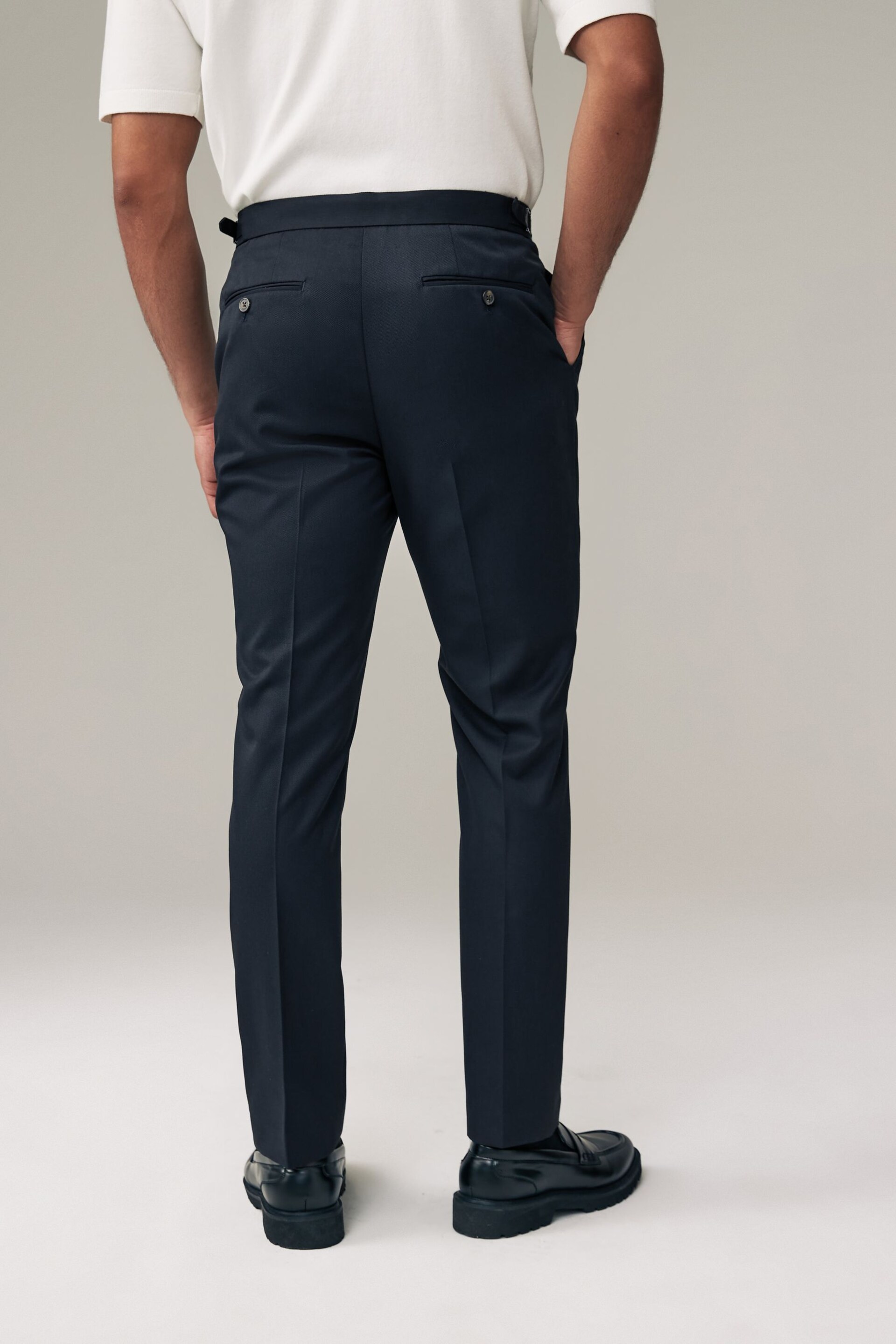 Navy Blue Slim Fit Smart Twill Side Adjuster Trousers - Image 3 of 9