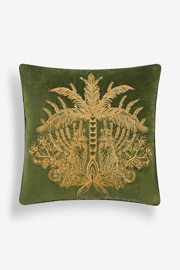 Clarke & Clarke Green Leopardo Embroidered Velvet Cushion