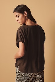 Chocolate Brown Gathered Short Sleeve Textured Boxy T-Shirt - Image 3 of 7