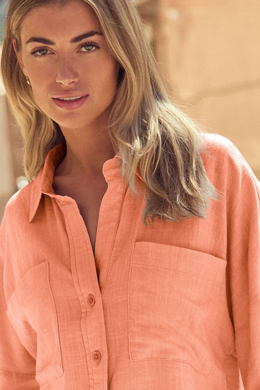 Orange Linen Blend Short Sleeve Safari Shirt - Image 4 of 6