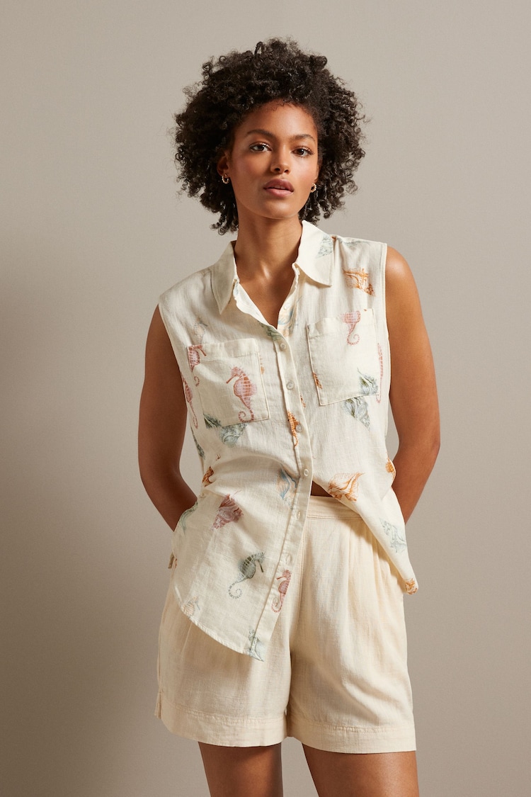 Ecru White Seahorse Print Sleeveless Ruched Side Linen Blend Shirt - Image 1 of 6
