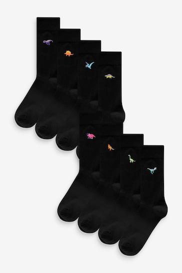 Black Bright Dinosaurs Fun Black Embroidered Socks 8 Pack