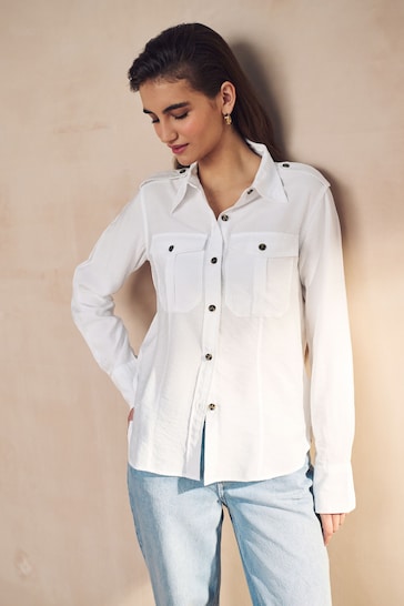 White Long Sleeve Utility Pocket Shirt