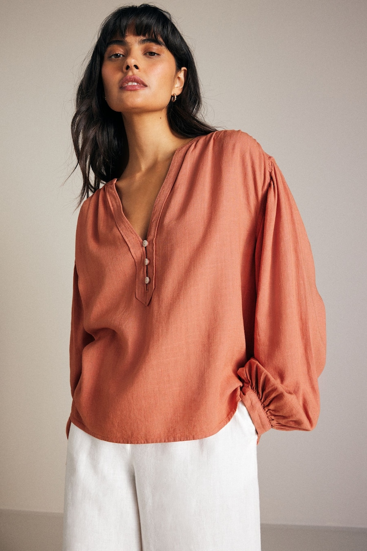 Orange Long Sleeve V-Neck Button Front Blouse With Linen - Image 2 of 8