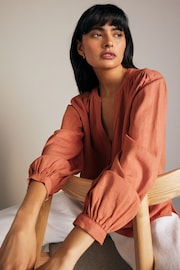 Orange Long Sleeve V-Neck Button Front Blouse With Linen - Image 3 of 8