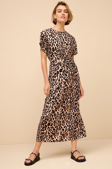 Brown Animal Print Twist Waist Short Sleeve Midi Dress