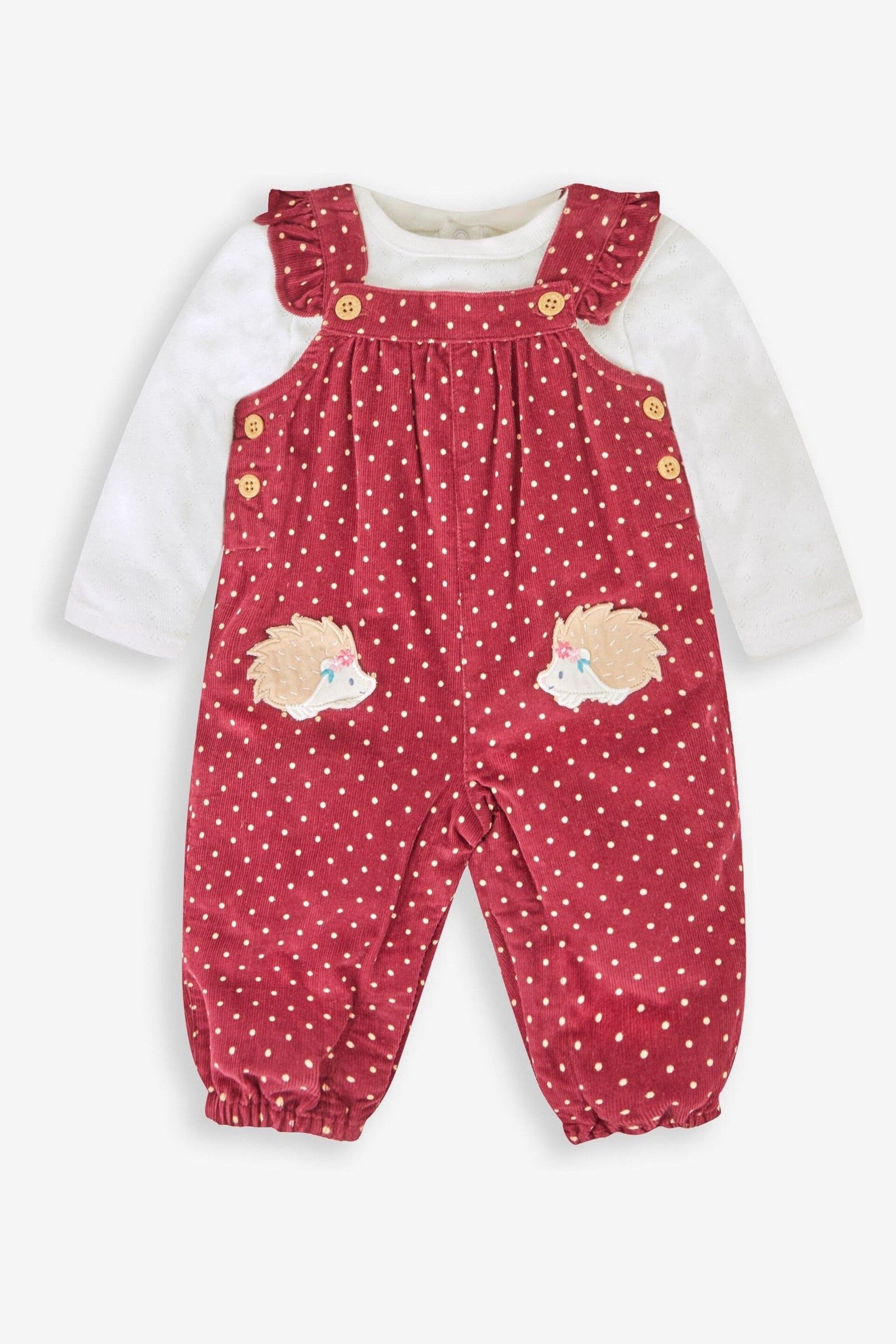 JoJo Maman Bébé Berry Purple Hedgehog Appliqué Cord Dungarees & Top Set - Image 1 of 5