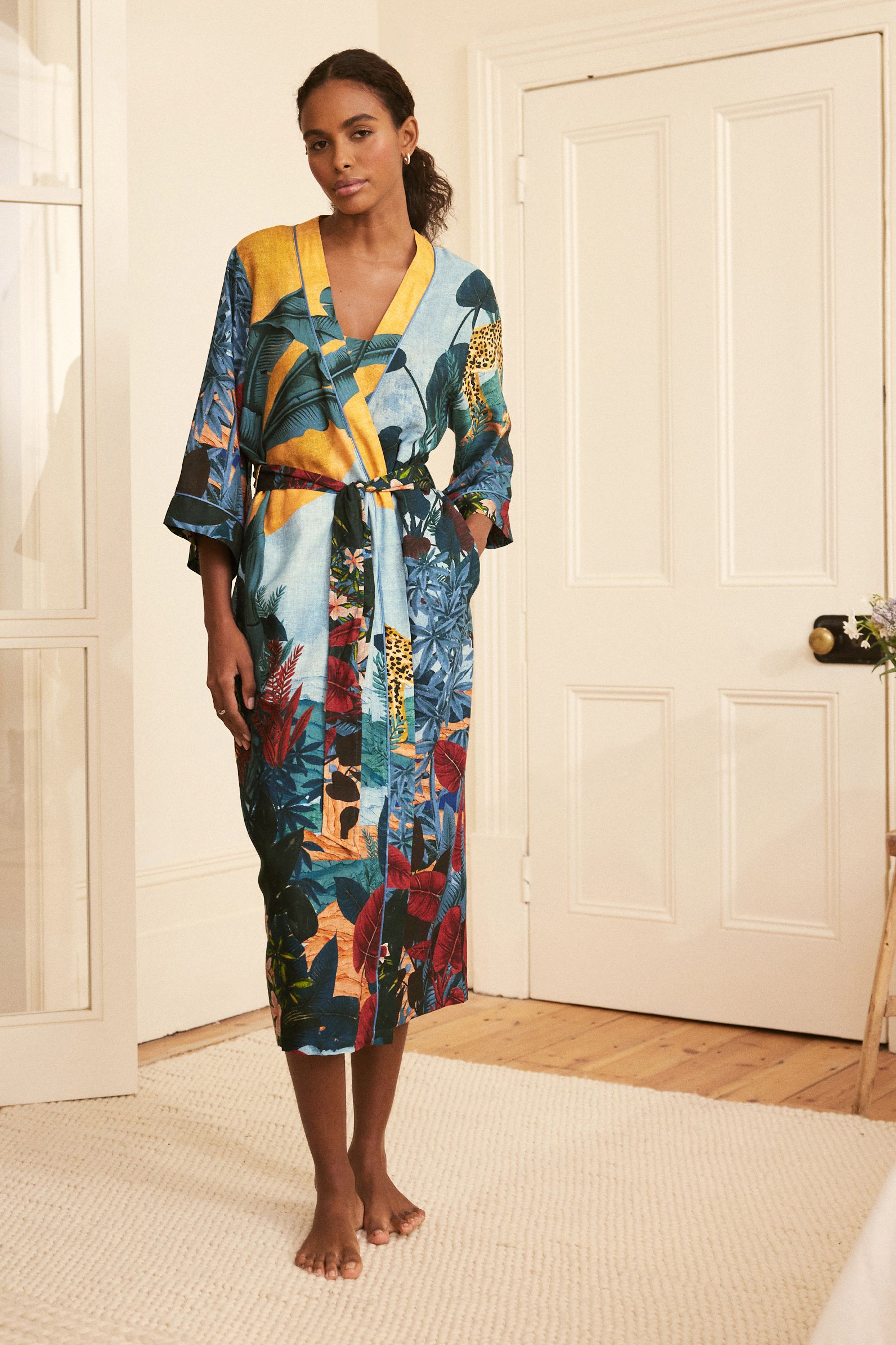 Buy Orange Jungle Print Linen Blend Robe from Next Luxembourg