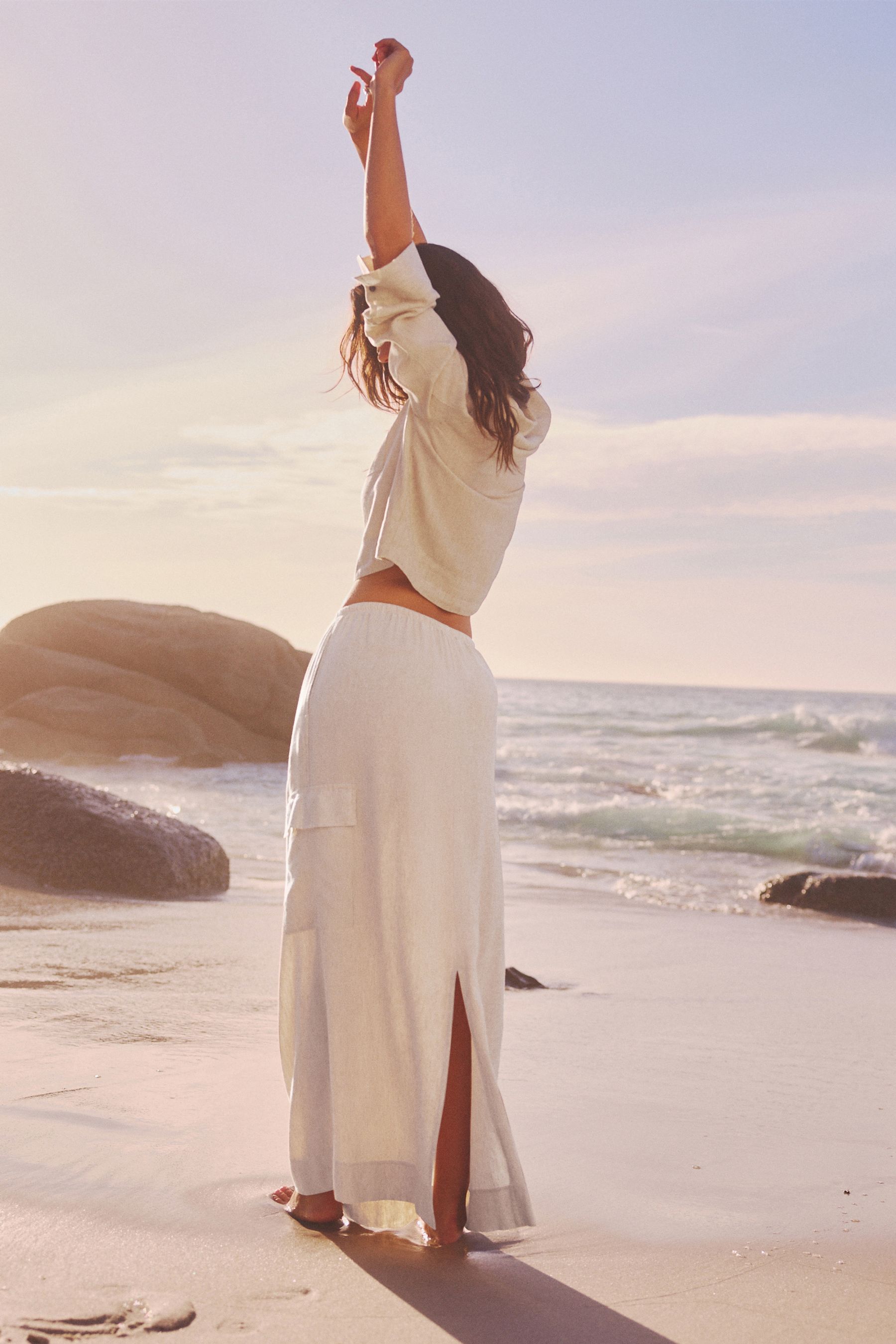 Natural Column Midi Skirt with Linen