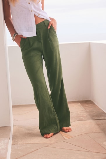 Khaki Green Linen Blend Wide Leg Trousers