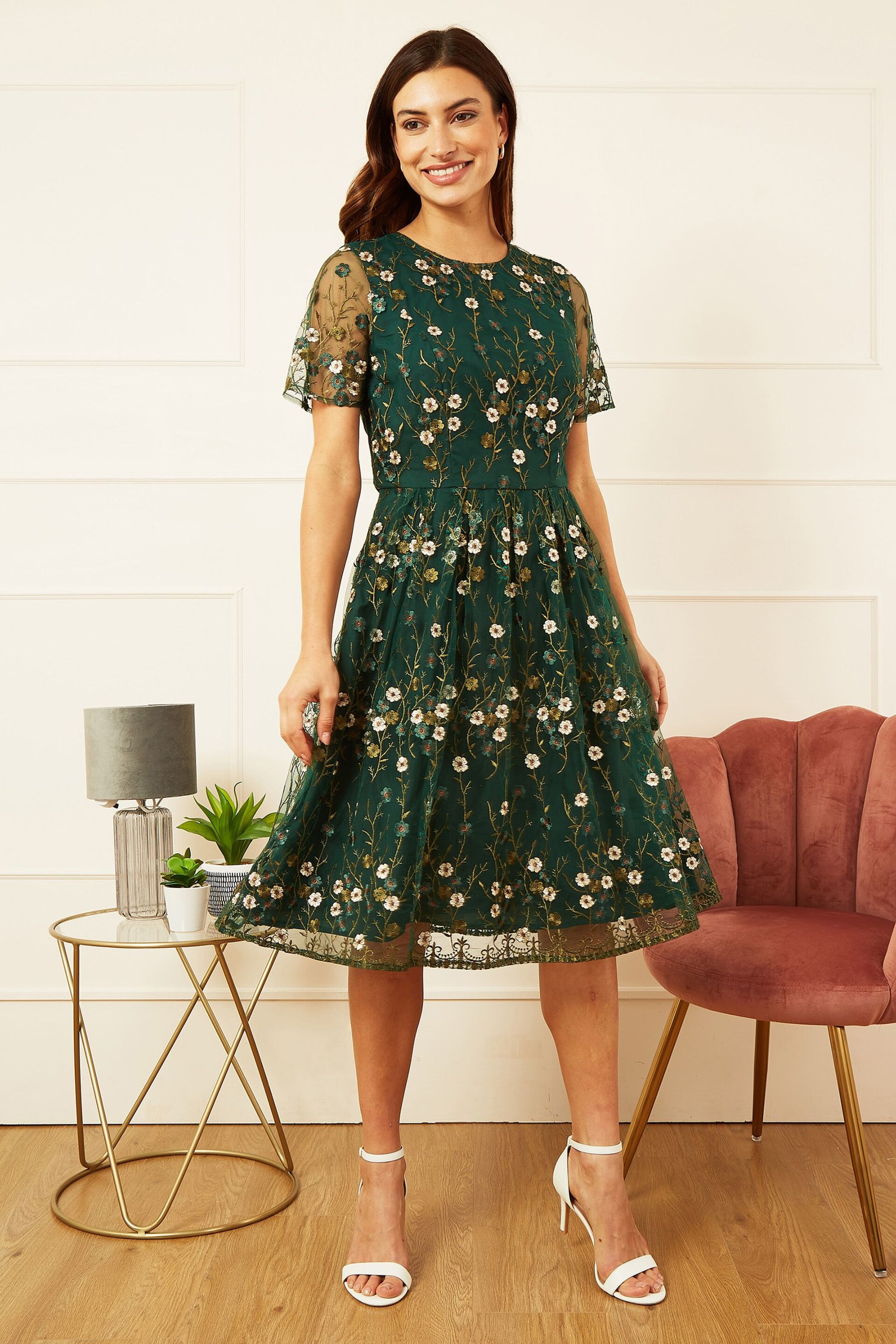 Yumi Green Embroidered Floral Skater Dress - Image 1 of 5