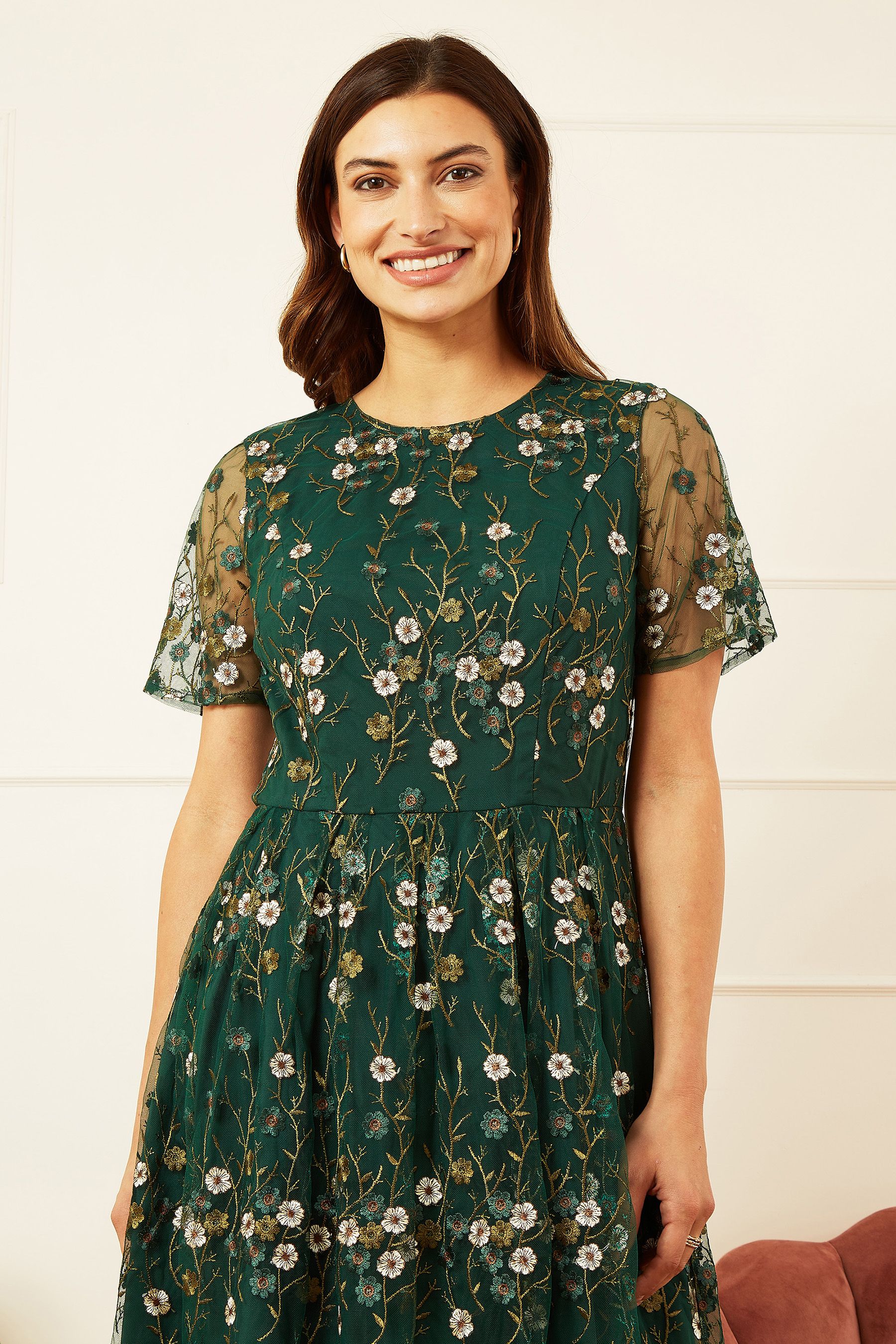 Buy Yumi Green Embroidered Floral Skater Dress from the Next UK online shop