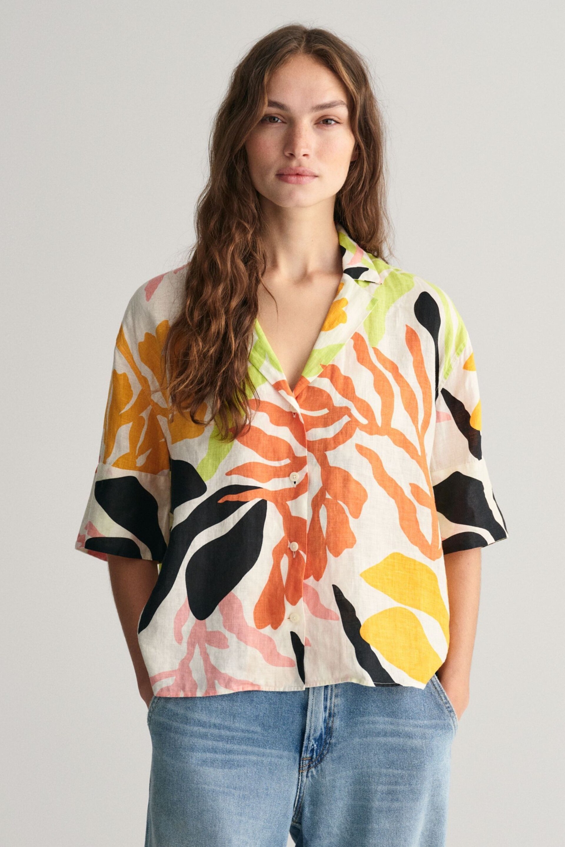 GANT Yellow Relaxed Fit Palm Print Linen Short Sleeve Shirt - Image 1 of 7
